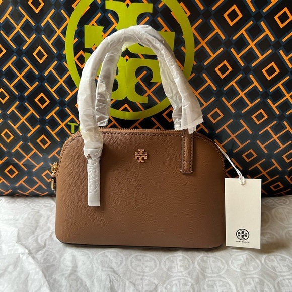 Tory Burch Handbags - Tory Burch Emerson Dome Satchel Crossbody Bag Top Handle Moose Gold Tan